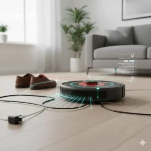 An AI-powered robot vacuum identifying and steering around shoes and power cables on the floor.