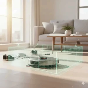 3D illustration of a robot vacuum mop combo using AI sensors to avoid shoes and power cords on the floor.