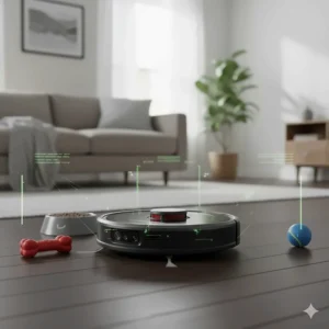 A smart robot vacuum using AI cameras to navigate around dog toys and pet bowls during a scheduled cleaning cycle.