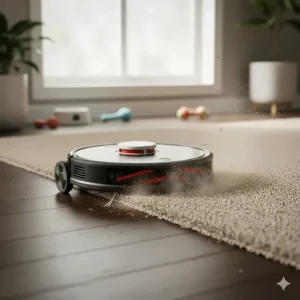 A robot vacuum transitioning from a hardwood floor to a high-pile carpet while suctioning embedded pet dander.