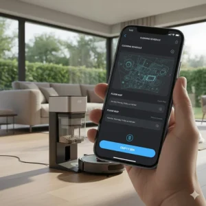 A smartphone screen showing a cleaning schedule and "Empty Bin" controls for a robot vacuum.