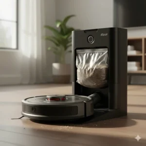 Close-up shot of the iRobot Roomba charging on its Clean Base auto-empty dock, showcasing its large dust collection bag and self-emptying capability.
