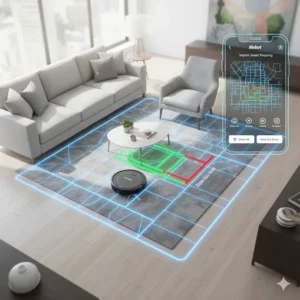 A diagram or screenshot of the iRobot app showing the Roomba's Imprint Smart Mapping technology, which allows for selective room cleaning and boundary setting.