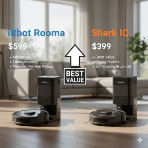 A visual demonstration of a robot vacuum transition between hard floor and a low-pile carpet, illustrating the increased suction power for deep cleaning.