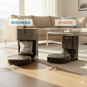 A side-by-side comparison of a Roomba model and a Shark robot vacuum in a modern living room setting, highlighting the key differences in their design and features.