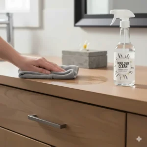 Boulder Clean Lavender Vanilla Granite cleaner being used effectively on a sealed natural stone vanity or table.