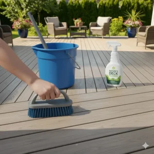 Gently scrubbing away dirt and mildew with a soft brush, ensuring the clean composite deck cleaner reaches all grooves.