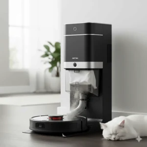 An automatic self-emptying dock storing pet hair and debris in a sealed bag to minimize allergen exposure for owners.