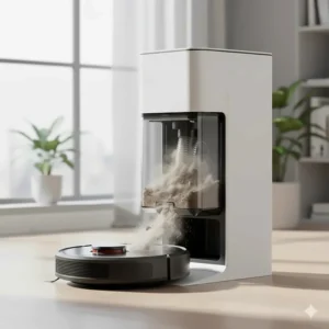 A robot vacuum docked at an auto-empty station showing the dust transfer process.