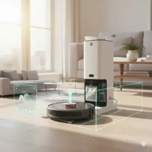 A robot vacuum mop combo docked at an auto-empty station for dustbin disposal and water refilling.