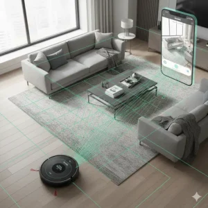 A visual representation of the Shark robot vacuum's AI laser or vision-based navigation system, demonstrating how it avoids obstacles and maps a home.