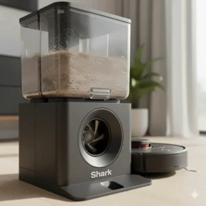 Close-up view of the Shark IQ robot vacuum's self-empty base, highlighting the powerful suction port that transfers debris from the robot into the bagless bin.