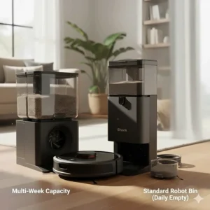 A side-by-side comparison illustrating the multi-week capacity of the Shark self-empty base's dust bin versus a standard robot's internal bin.
