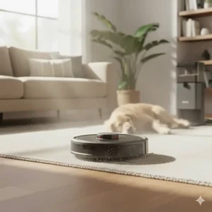 The Shark robot vacuum actively cleaning a medium-pile living room carpet, demonstrating its powerful suction capabilities for deep cleaning.
