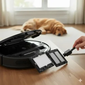 Detailed view of the high-efficiency HEPA filtration system used in the Shark robot vacuum self empty to trap dust and allergens.