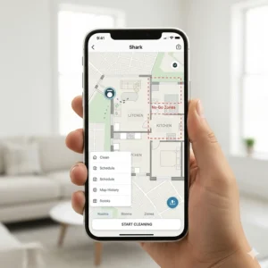 Screenshot of the Shark robot vacuum app interface displaying a detailed home map, allowing the user to select specific rooms and set No-Go Zones.