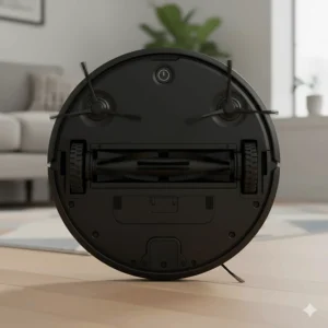 Underside of the Shark robot vacuum showing the self-cleaning brushroll designed to pick up pet hair and debris from both carpets and hard floors.