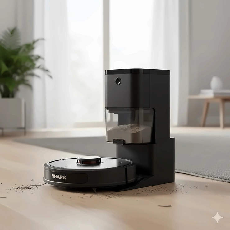 The Shark robot vacuum docked and ready on its self-empty base, illustrating the more compact dust bin design typical of Shark models. roomba vs shark robot vacuum