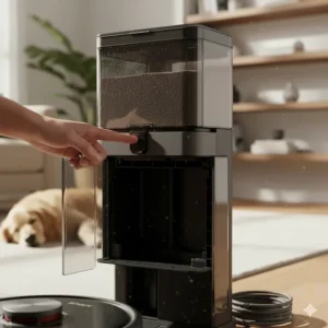 The bagless design of the self-empty base for the Shark robot vacuum, emphasizing ease of maintenance and zero ongoing bag costs.