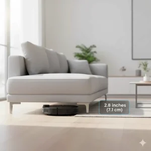 A slim-profile robot vacuum under $200 sliding underneath a low-clearance couch to clean hard-to-reach areas.