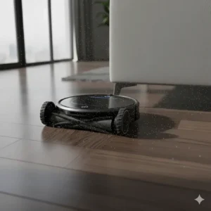 Close-up shot of the robot vacuum's gentle, rubberized wheels and soft bristle side brushes, confirming they are safe for delicate hardwood floors.