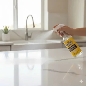 A close-up shot of a spray bottle of Granite Gold Quartz Cleaner being used on a speckled white quartz kitchen island.