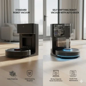 A side-by-side comparison of a standard robot vacuum versus a model with a self-emptying station.