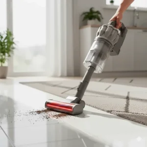 A stick vacuum transitioning from cleaning kitchen tiles to a low-pile area rug.