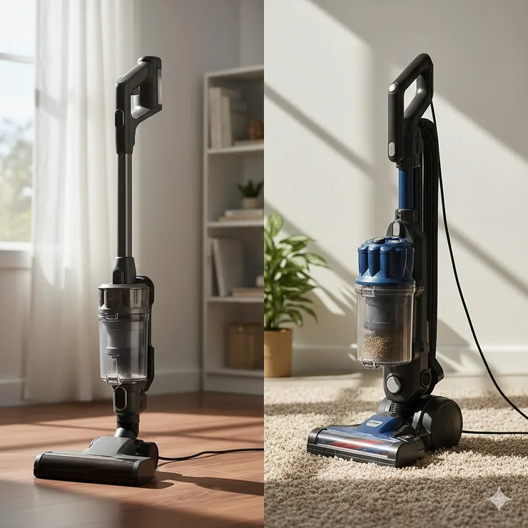 A side-by-side comparison of a cordless stick vacuum and a corded upright vacuum cleaner on a hardwood floor. stick vacuum vs upright