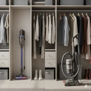 Comparison of a wall-mounted stick vacuum versus a bulky upright vacuum stored in a closet.