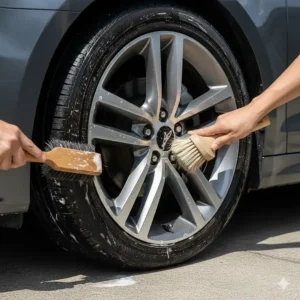 Comparison of a stiff-bristled tire brush and a soft-bristled brush to clean rims safely.