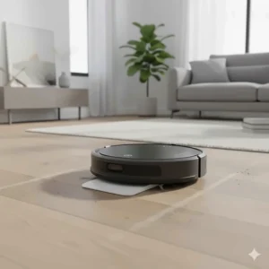Close-up of the top-rated best budget robot vacuum 2026 model with its charging dock.