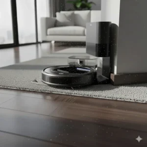 The robot vacuum effortlessly transitioning from a hardwood floor surface onto a low-pile area rug, showcasing its versatile cleaning capabilities.