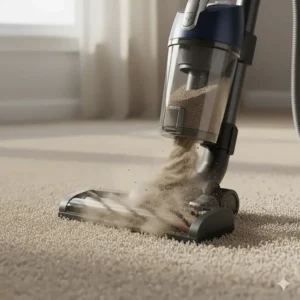 An upright vacuum cleaner using a motorized brush roll to remove embedded dirt from high-pile carpet.