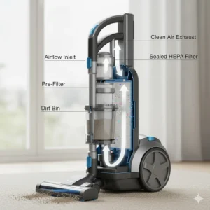 Diagram of a sealed HEPA filtration system inside an upright vacuum capturing allergens and dust.