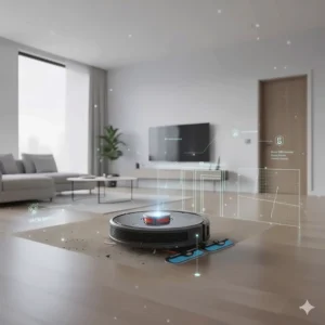 Diagram showing a robot vacuum mop combo simultaneously suctioning debris and scrubbing tile floors.