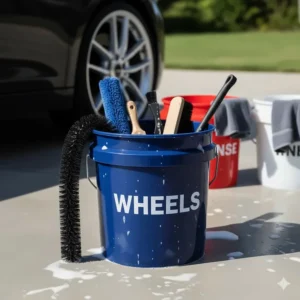 A dedicated wash bucket containing various brushes to clean rims to prevent scratching the car's paint.