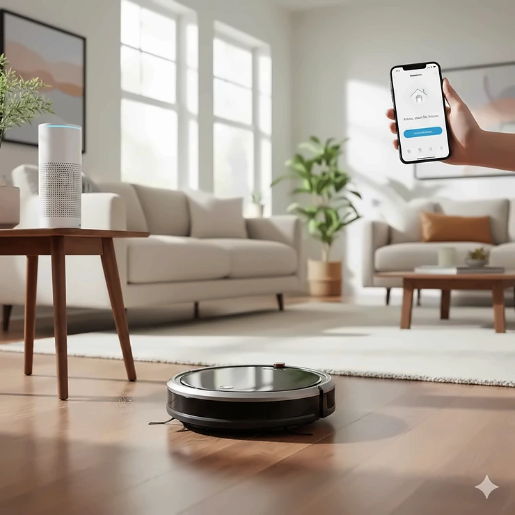 A high-end alexa compatible robot vacuum cleaning a modern living room floor near a smart speaker.