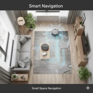 Top-down view of a robot vacuum navigating between tight apartment furniture and area rugs using precision sensors.