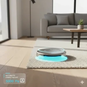 Illustration of an ultrasonic sensor detecting carpet and automatically increasing suction power.