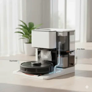 An automatic base station emptying dust and refilling water for the best robot vacuum and mop combo.