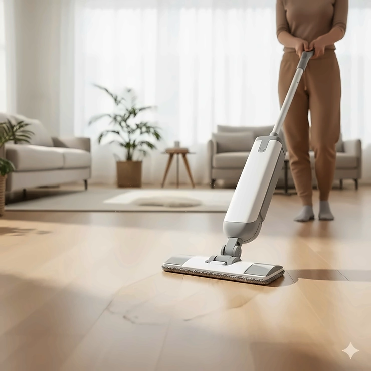 A modern cordless electric mop cleaning a polished light oak hardwood floor in a bright living room. electric mop for hardwood floors