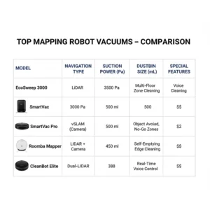 A comparison chart of the best mapping robot vacuums based on navigation type, suction power, and price.