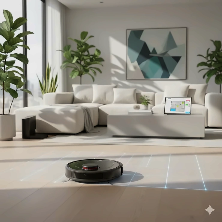 A high-end robot vacuum using LiDAR technology to create a precise digital map of a modern open-concept living room. best mapping robot vacuum