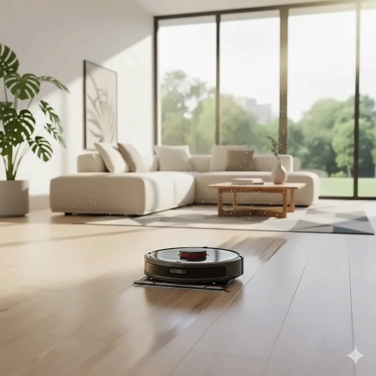 A modern living room with a top-rated robot vacuum and mop combo efficiently cleaning hardwood floors. best robot vacuum and mop combo