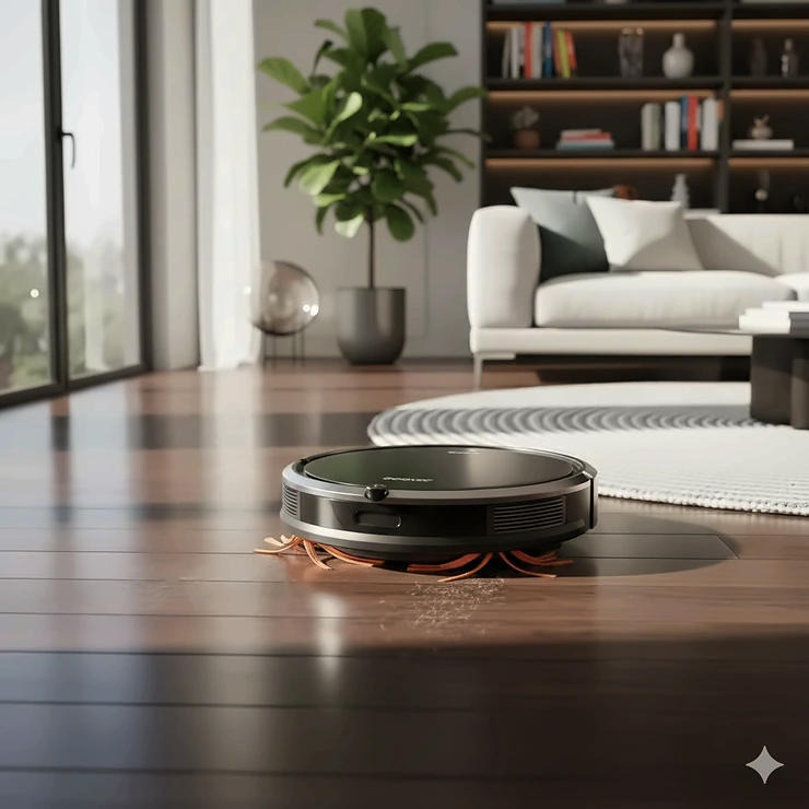 A sleek robot vacuum cleaner cleaning a modern living room with polished dark oak hardwood floors. best robot vacuum for hardwood floors
