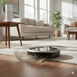 Close-up illustration of a robot vacuum specialized for pet hair with Alexa compatibility.
