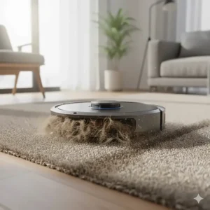 Close-up illustration of a robot vacuum's brush roll efficiently picking up pet hair from a carpet.