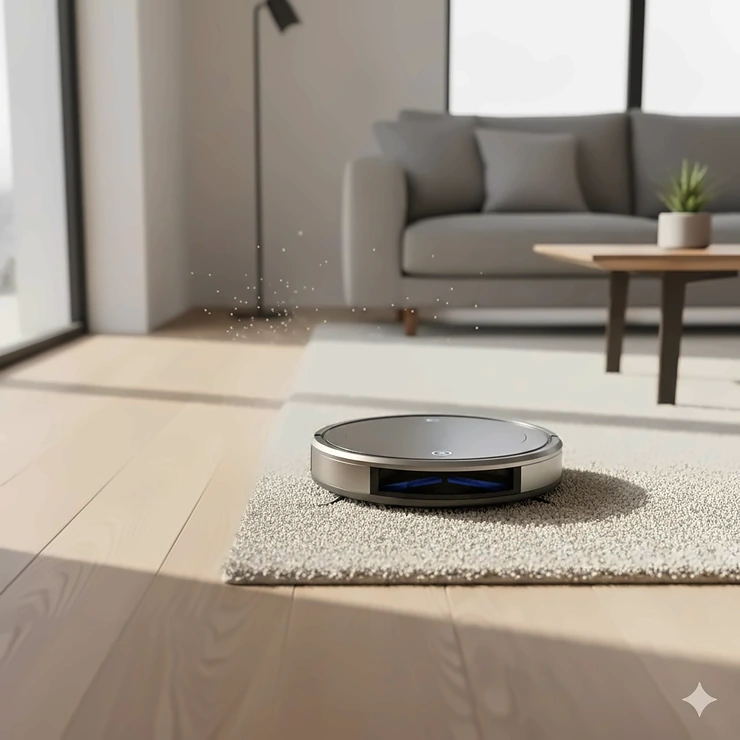 A high-end robot vacuum cleaner transitioning from a hardwood floor onto a plush, thick area rug in a modern living room. robot vacuum for thick carpet