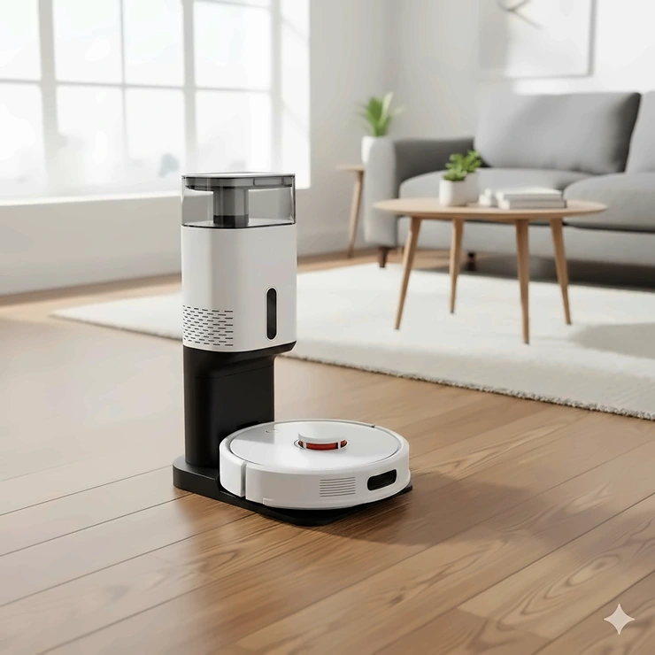 A modern robot vacuum that empties itself into a sleek charging base station on a hardwood floor.